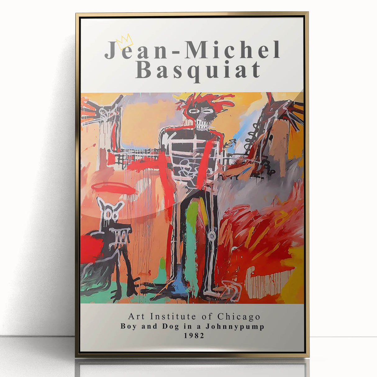 Large art print featuring a mid-century modernist Basquiat design in acrylic, framed in gold.