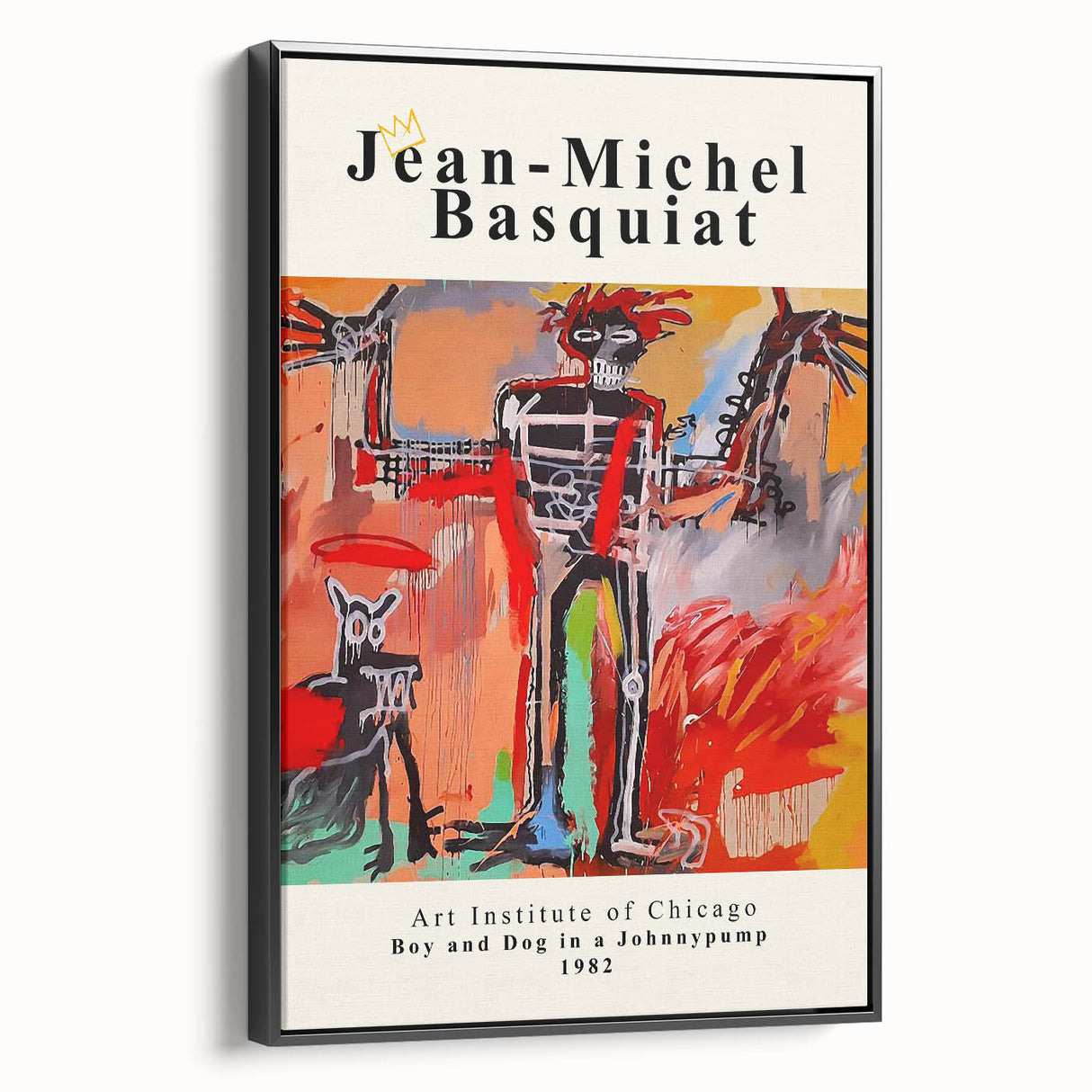 Black and white abstract Basquiat-style wall art on framed canvas, ideal for modern bedroom decor.
