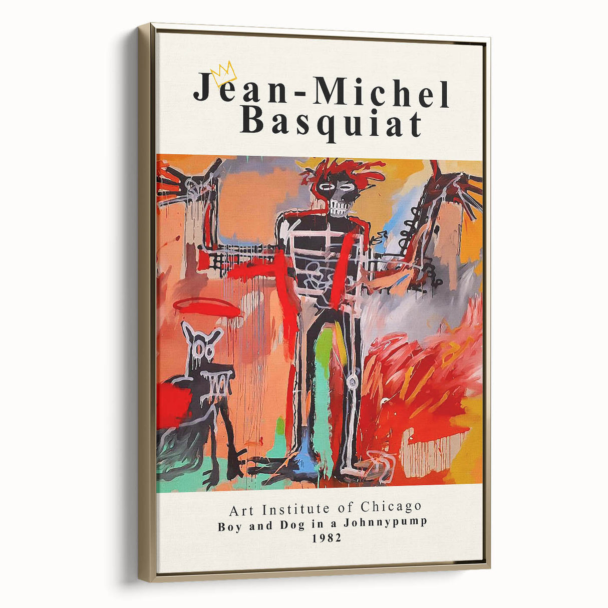 Avant-garde style Basquiat design on a framed canvas with bold black and gold colors, ideal for bedroom wall art.