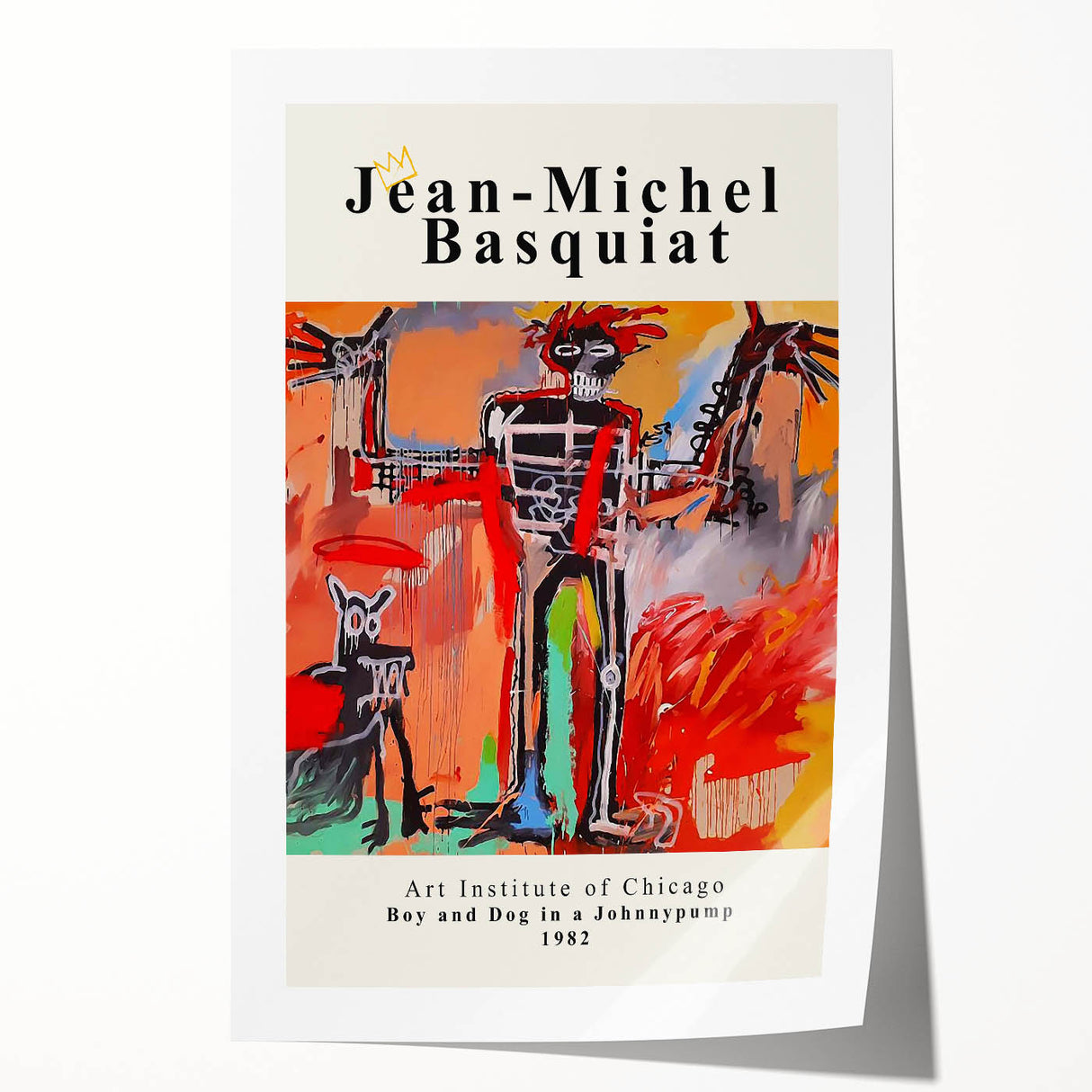 Abstract Basquiat-style floral design in vibrant colors on a rolled canvas, suitable for art wall dining room.