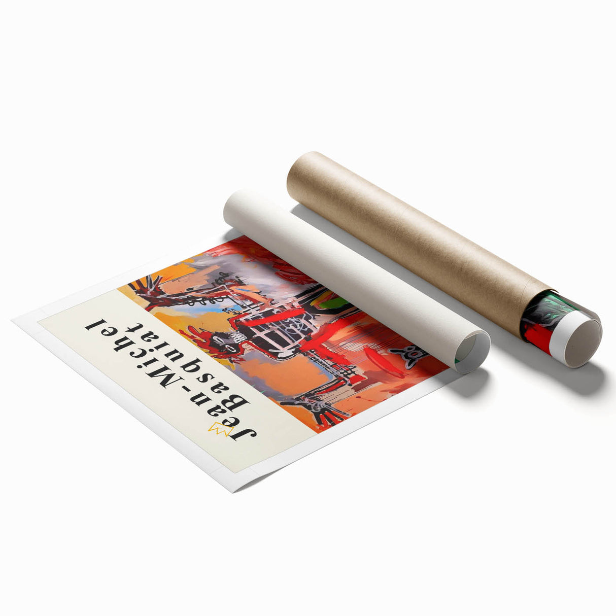 Extra large rolled print featuring avant-garde Basquiat design with floral elements in muted tones.