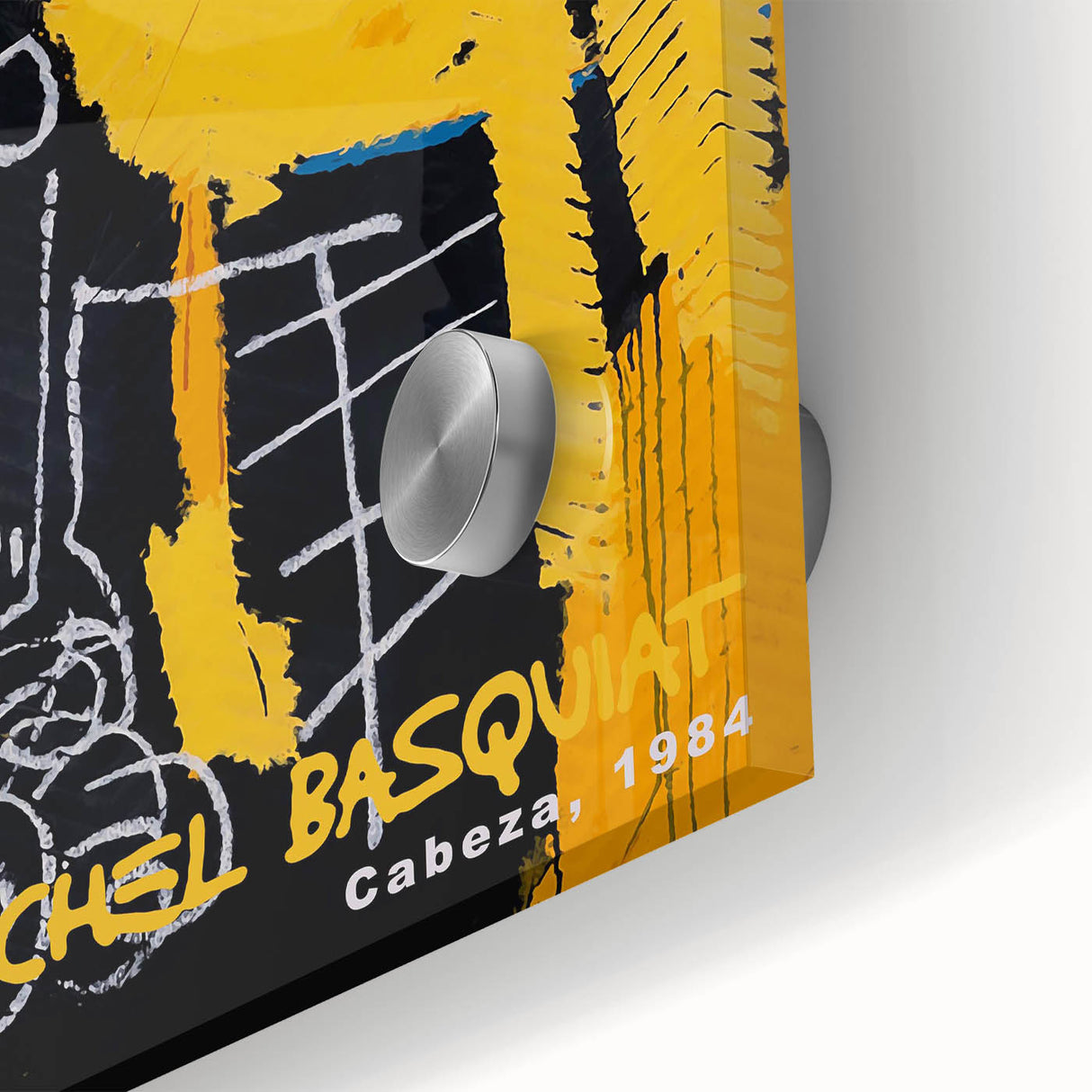 Large abstract wall art on acrylic glass featuring avant-garde Basquiat-inspired designs in vibrant colors.