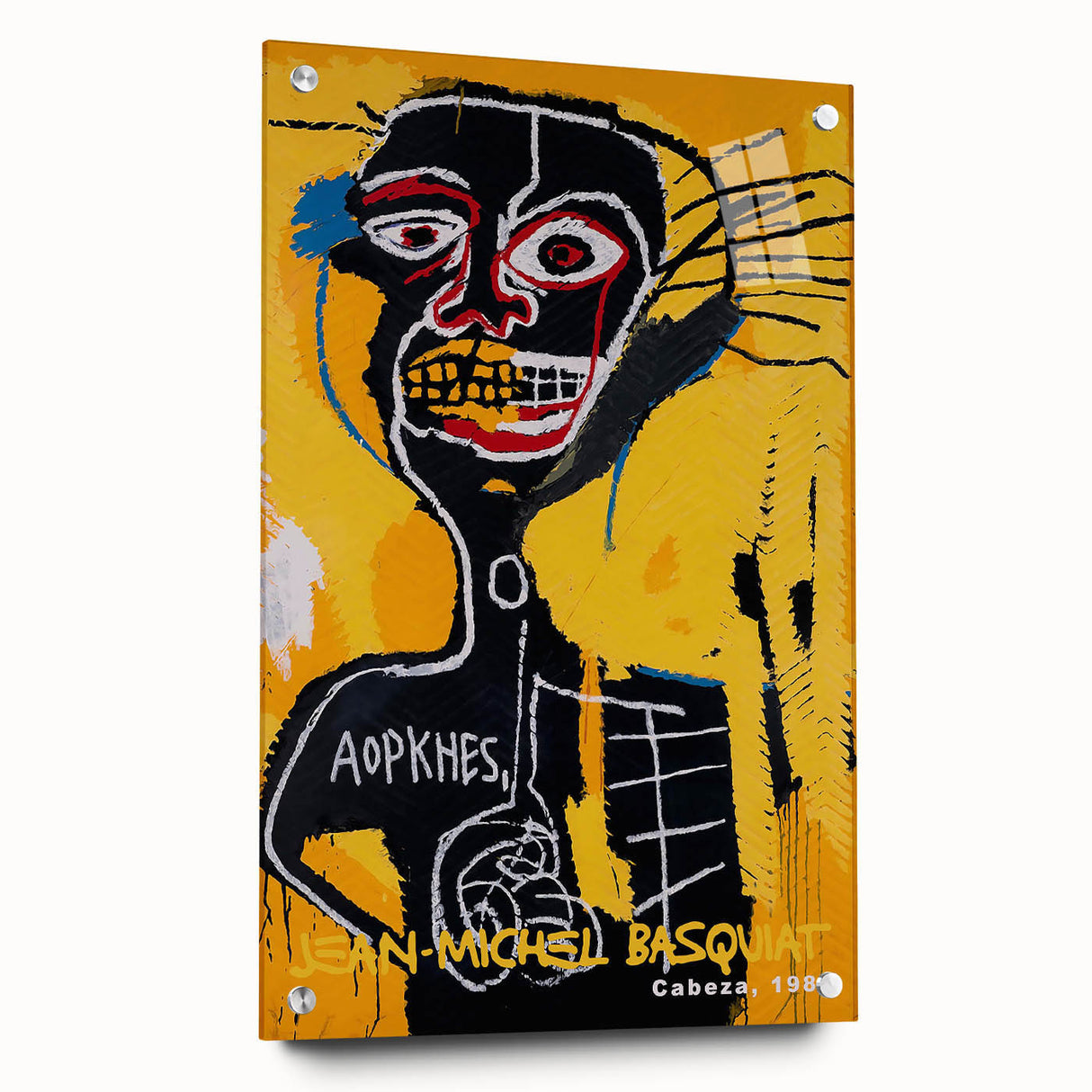 Large abstract wall art on acrylic glass featuring avant-garde Basquiat design in vibrant colors.