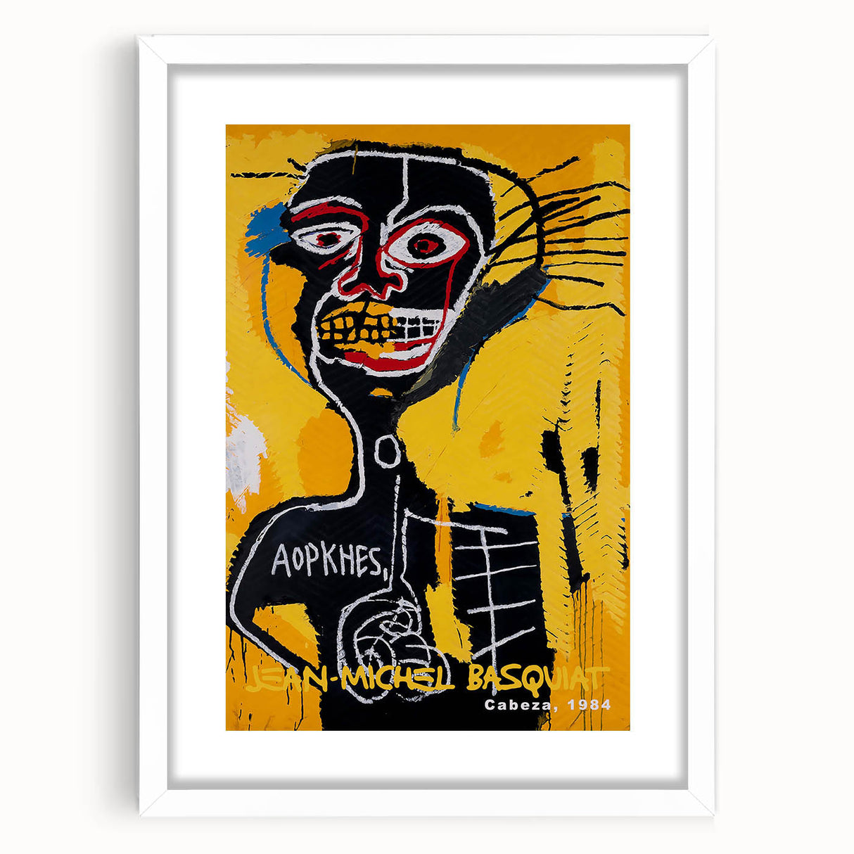 Abstract art print featuring vibrant multicolored Basquiat design on a white framed canvas.