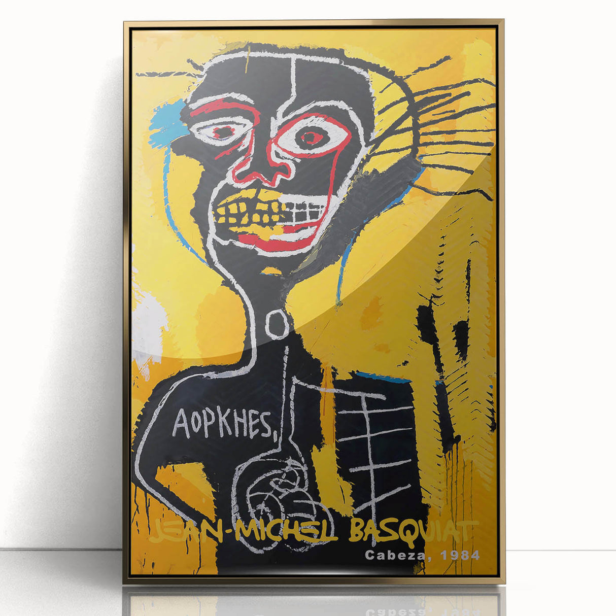 Acrylic print of a mid-century modernist Basquiat design in gold and black tones, ideal for modern art wall decor.