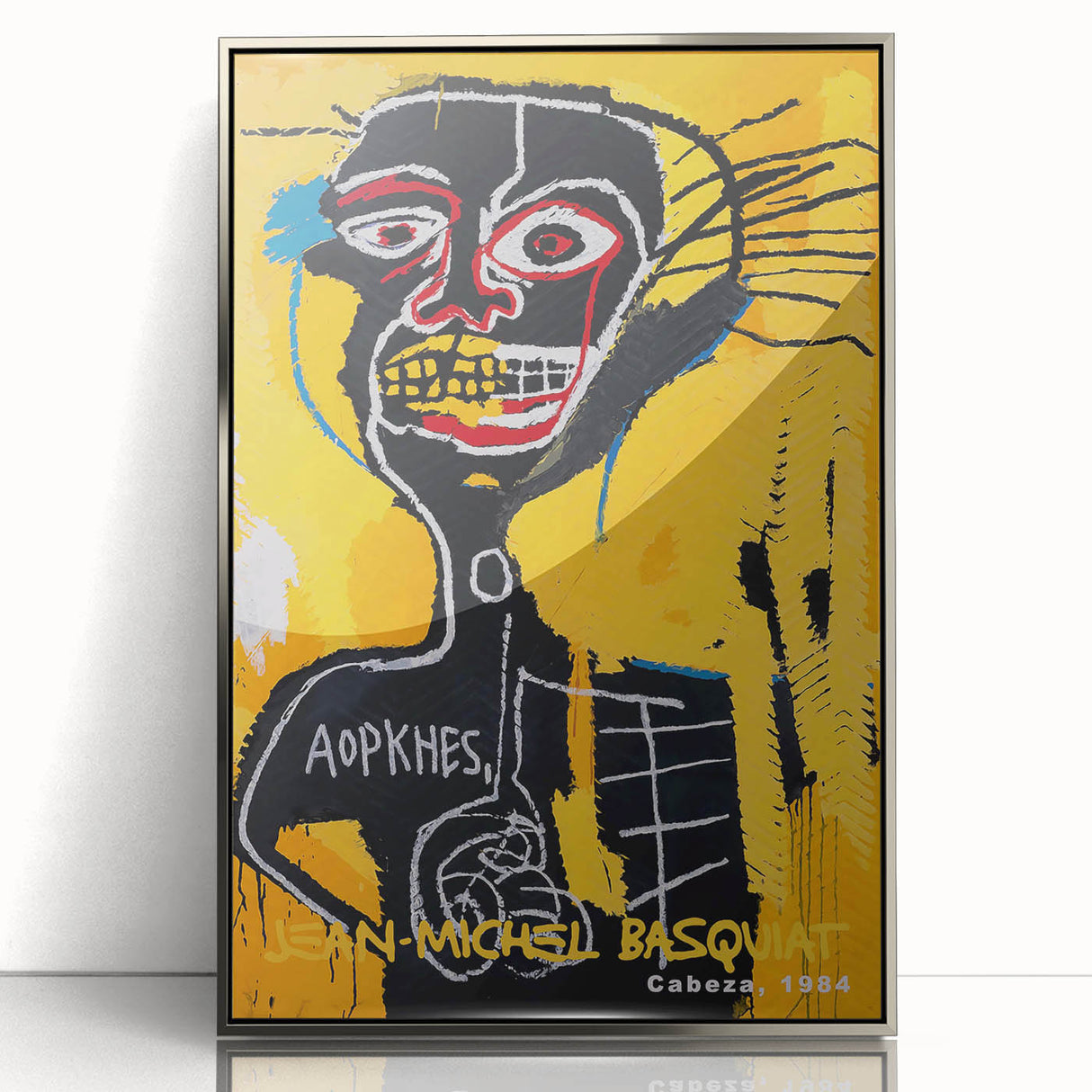 Mid-century modernist art featuring abstract shapes in vibrant colors on a framed acrylic print.