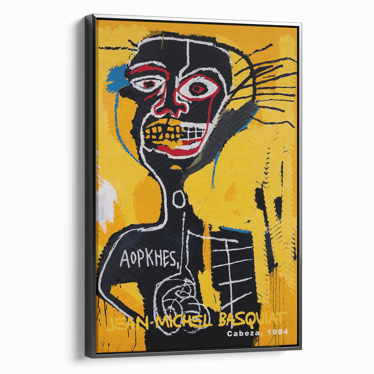 Black and white framed canvas featuring a contemporary Basquiat design, ideal for bedroom wall art.