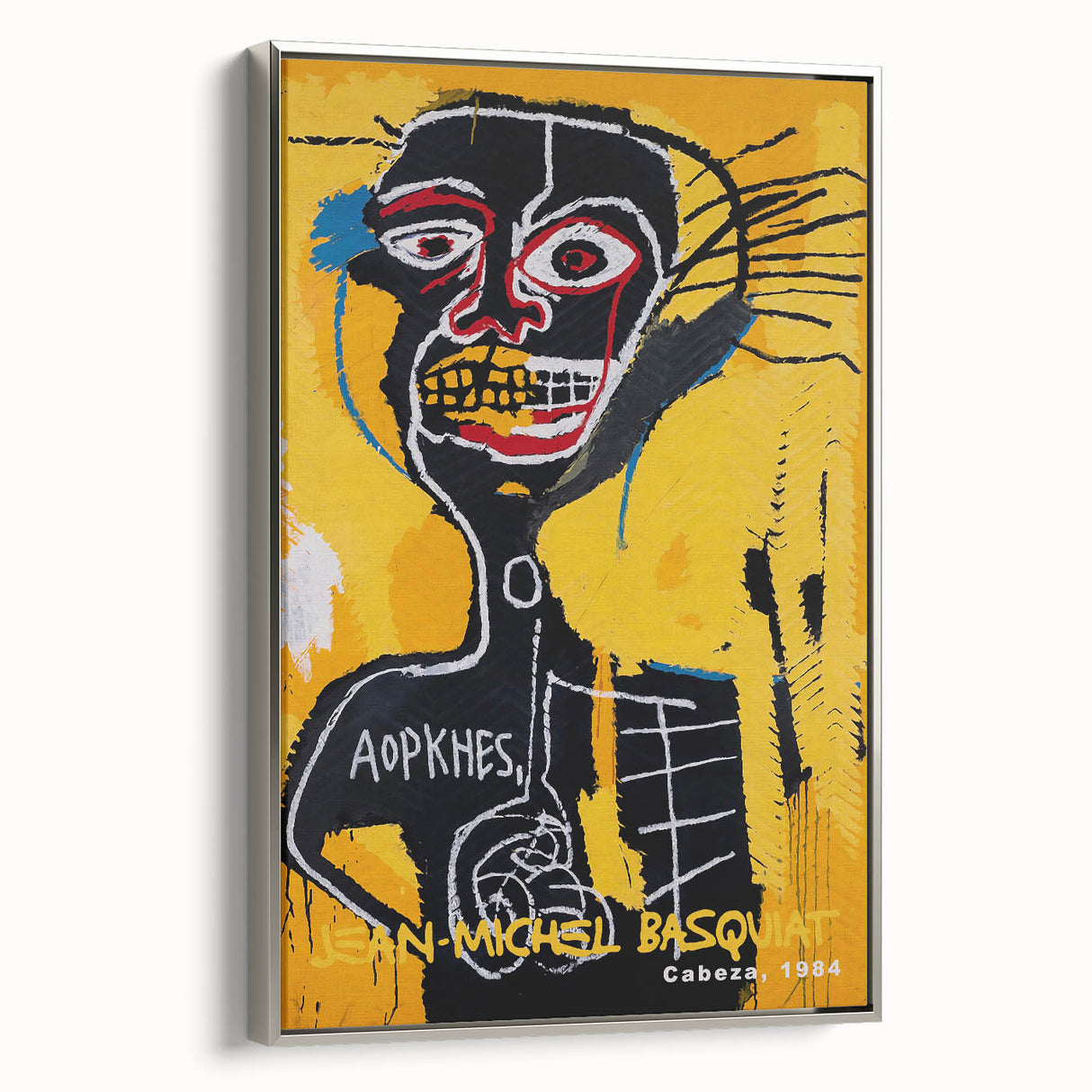 Framed canvas featuring a colorful, avant-garde Basquiat-style landscape with black and vibrant hues.