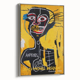 Framed canvas featuring a colorful, avant-garde Basquiat-style landscape with black and vibrant hues.