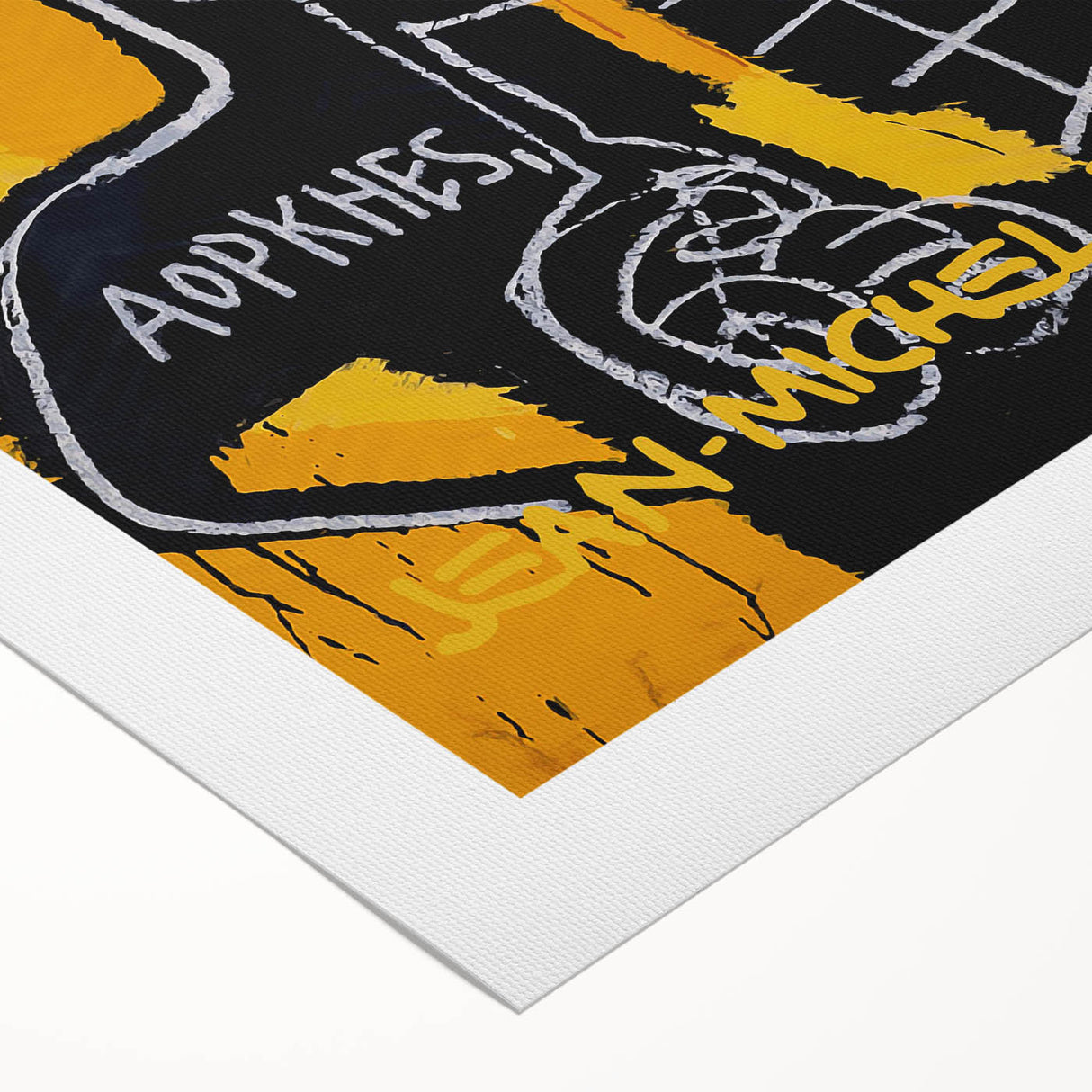 Art deco poster featuring geometric shapes in muted gold and navy tones on rolled canvas, suitable for dining room decor.