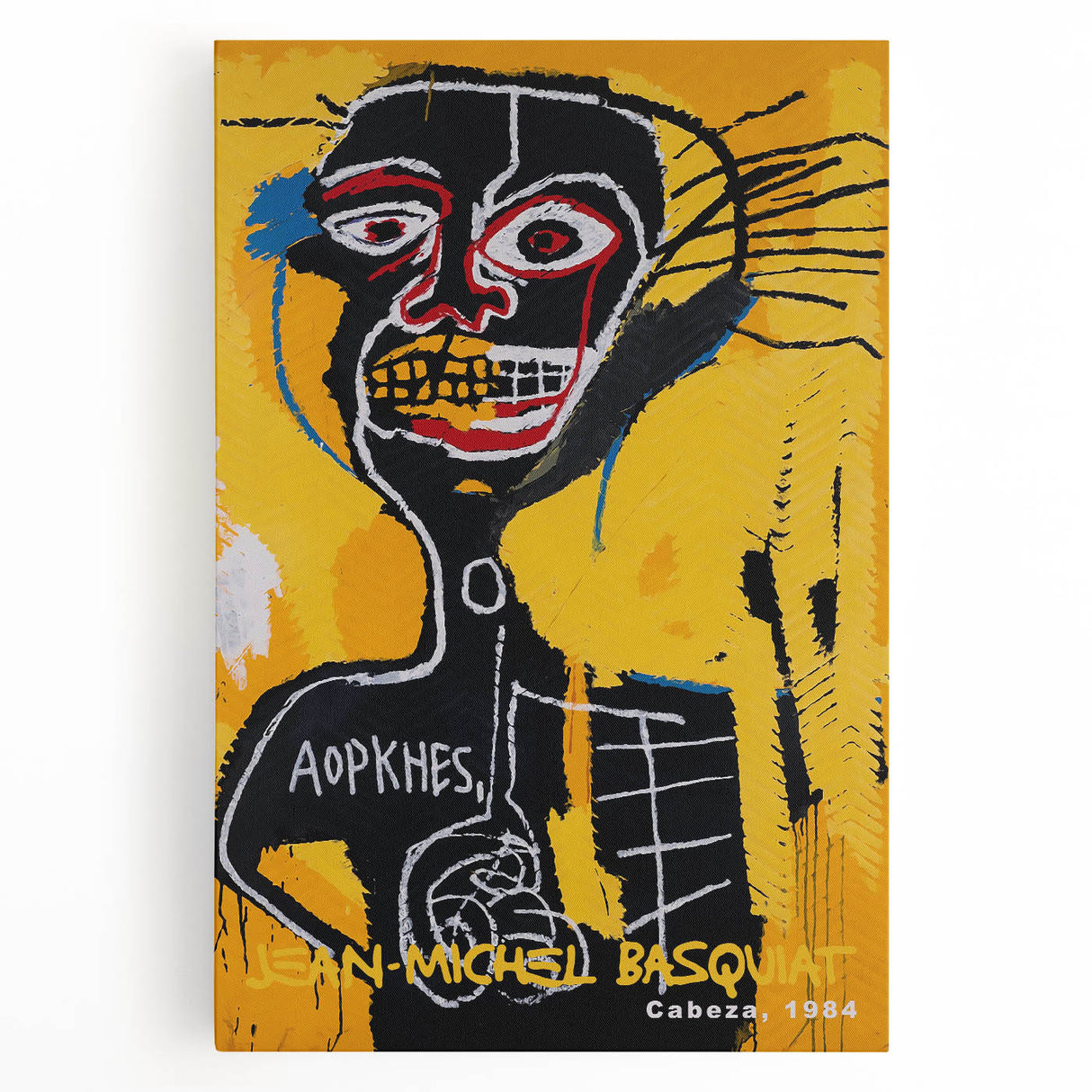 Large black and white abstract Basquiat-style art on stretched canvas, ideal for kitchen wall art.
