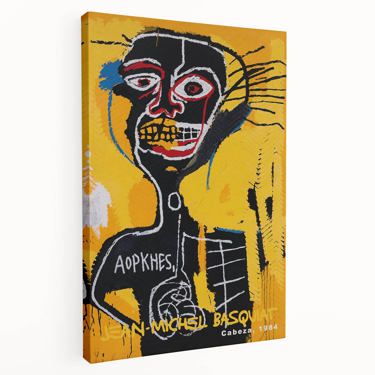 Avant-garde Basquiat-inspired wall art on stretched canvas, featuring vibrant primary colors, ideal for kitchen wall art.