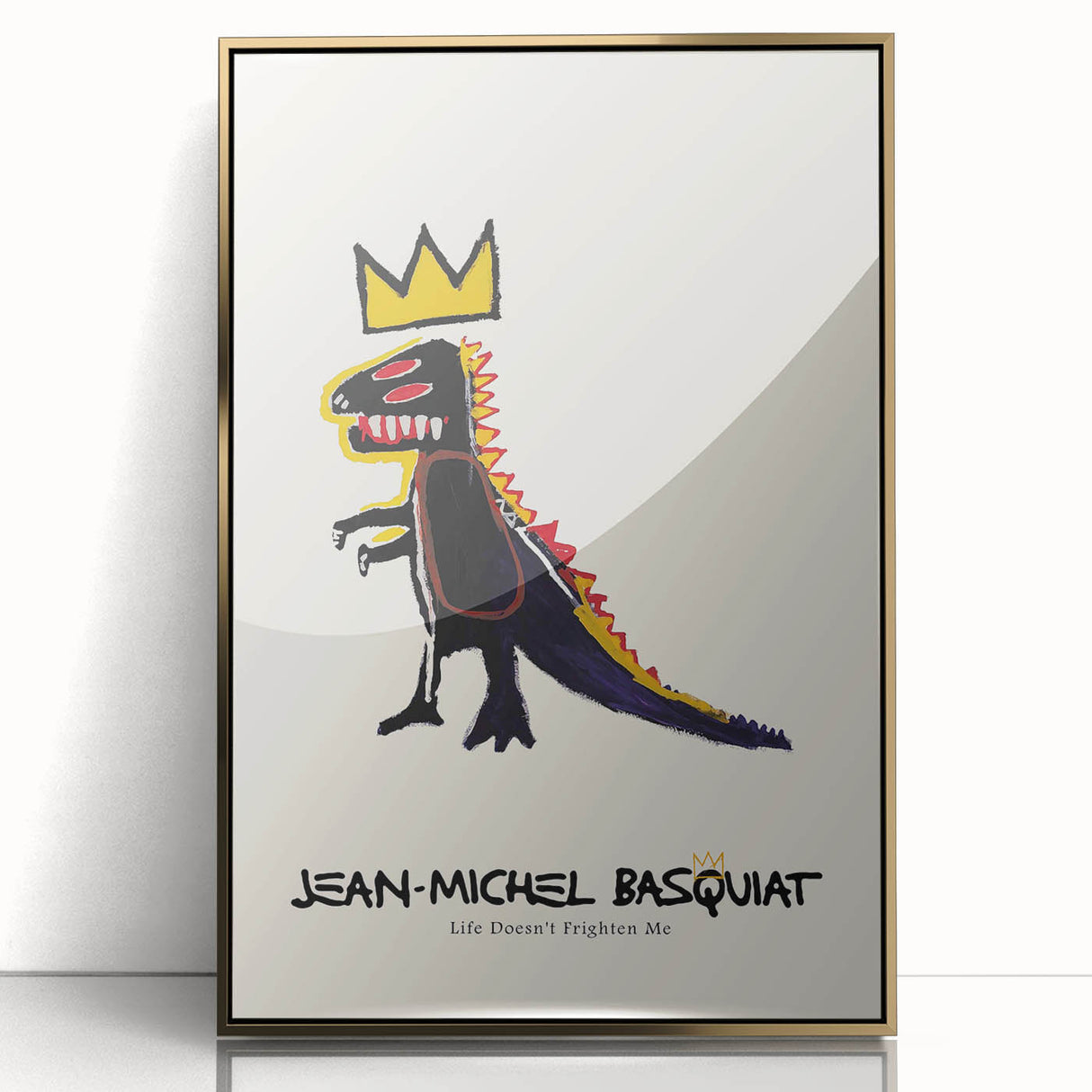 Acrylic print of a mid-century modernist Basquiat-inspired design in gold and black tones, ideal for modern art wall decor.