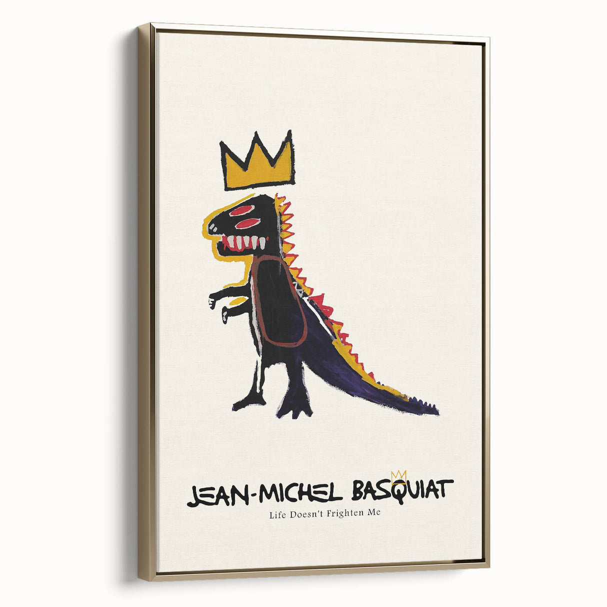 Framed canvas featuring an avant-garde Basquiat design in black and gold, ideal for bedroom wall art.