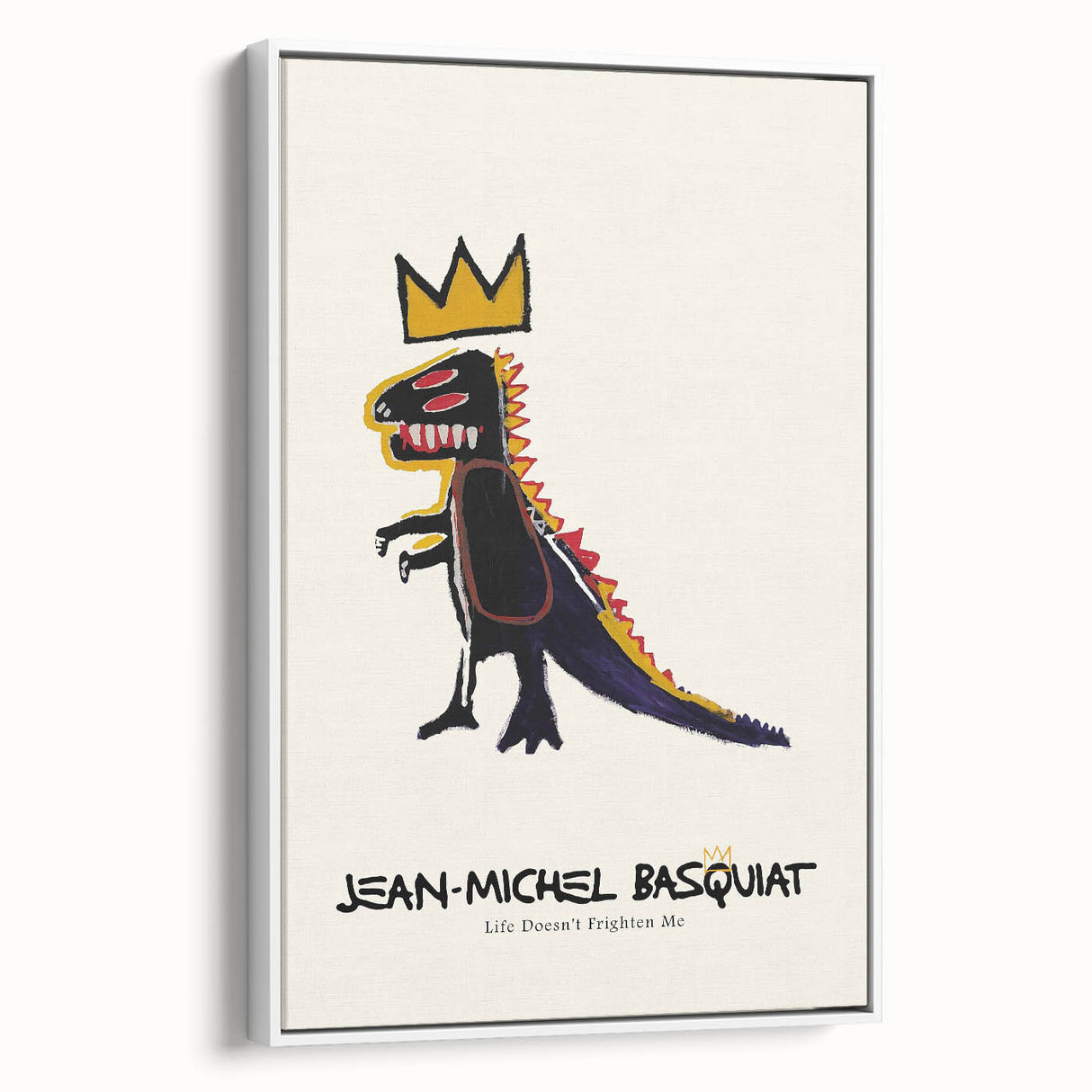 Extra large framed canvas featuring colorful vintage poster art of an avant-garde Basquiat design.