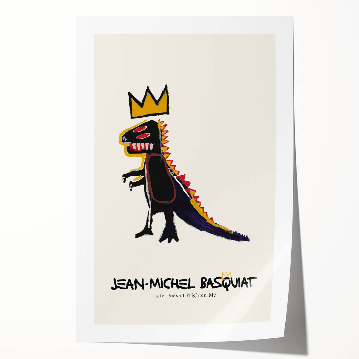Abstract Basquiat-style artwork on rolled canvas featuring vibrant primary colors, ideal for art wall dining room.