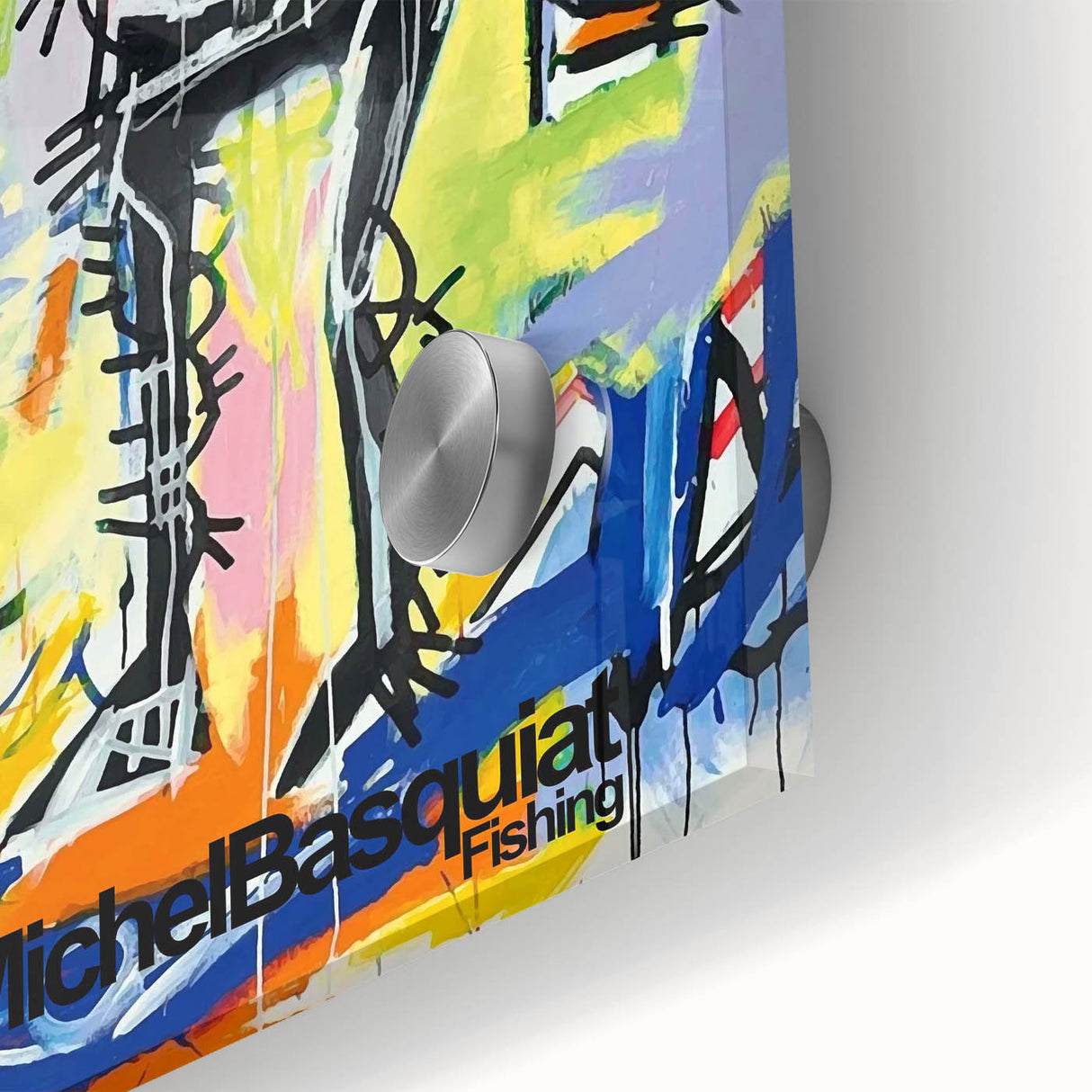 Large abstract wall art in vibrant primary colors on acrylic glass, featuring mid-century modernist style.