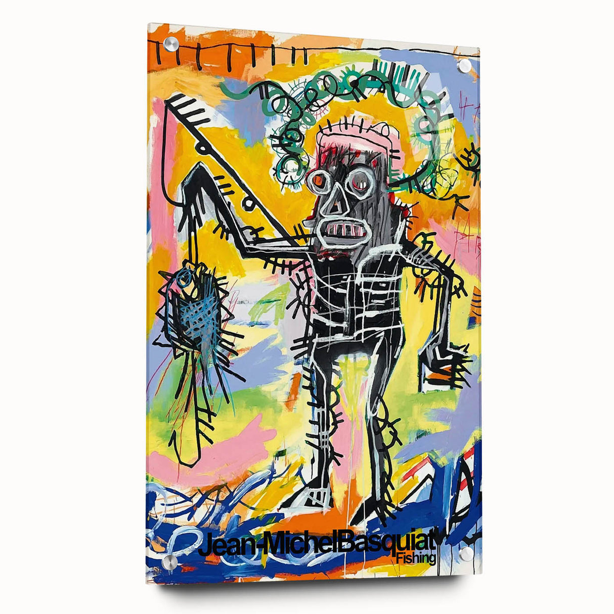 Large abstract wall art on acrylic glass, featuring avant-garde Basquiat design in vibrant colors.