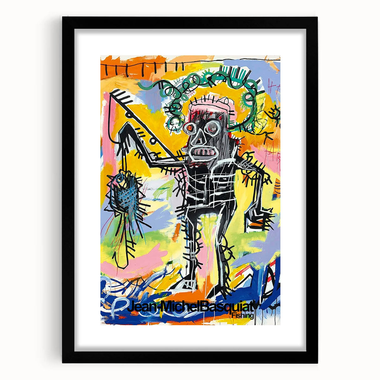 Extra large abstract art print featuring a colorful, textured Basquiat design on a black framed canvas.