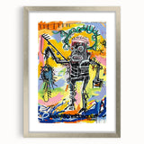 Textured abstract art print in vivid colors on a framed canvas, suited for enhancing a bedroom's decor.