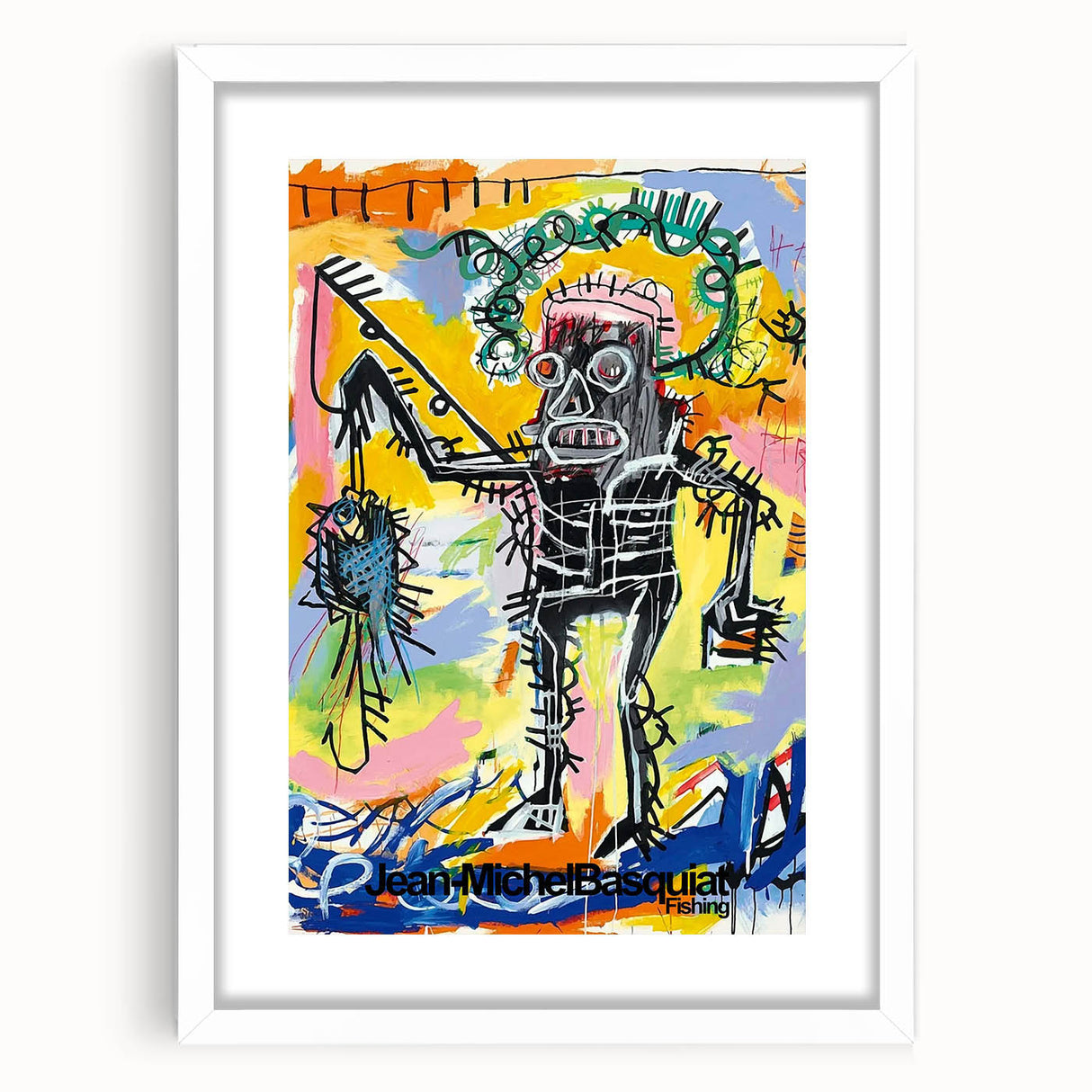 Abstract art print featuring bold black and white Basquiat-inspired designs on a white framed canvas.