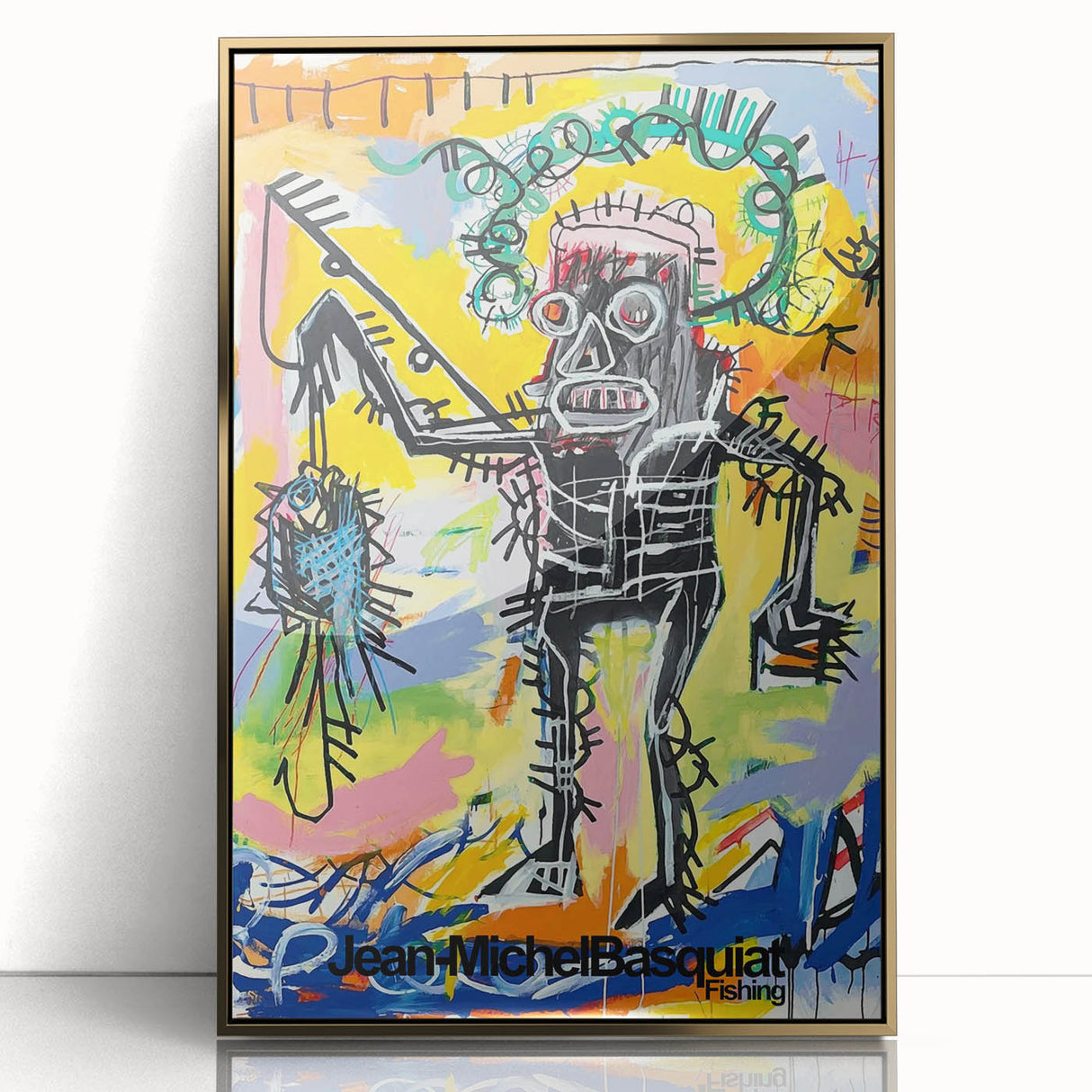 Framed acrylic print of a mid-century modernist Basquiat-inspired design in gold and black tones.