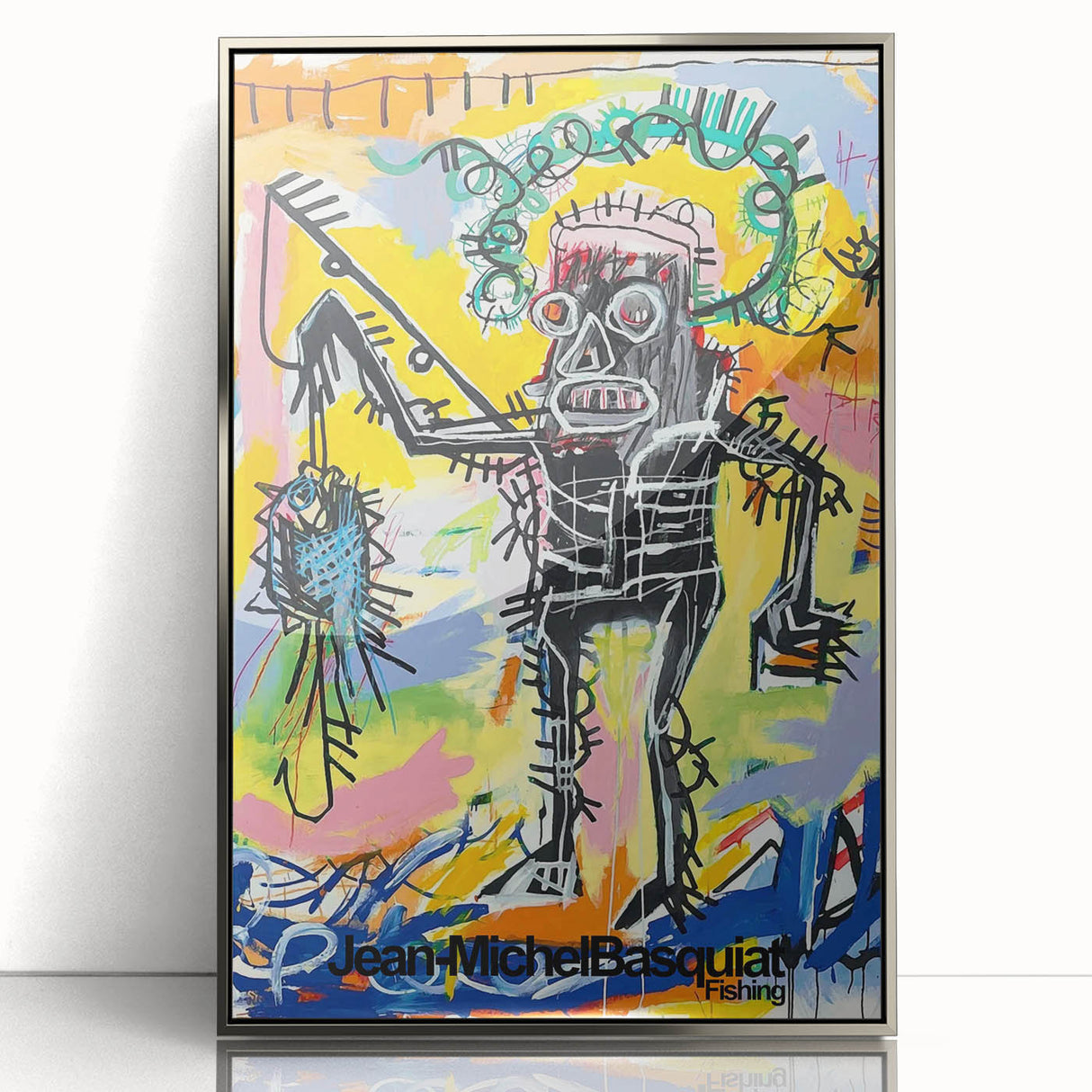 Mid-century modernist art featuring abstract figures in bold black and white on framed acrylic.