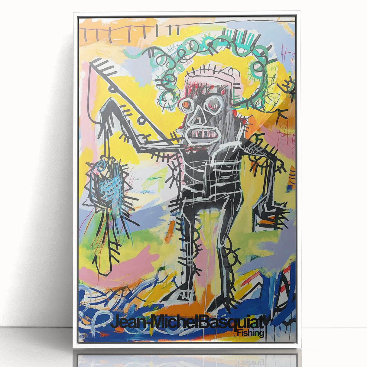 Acrylic print of a contemporary, avant-garde Basquiat design in white frame, suitable for modern nursery decor.