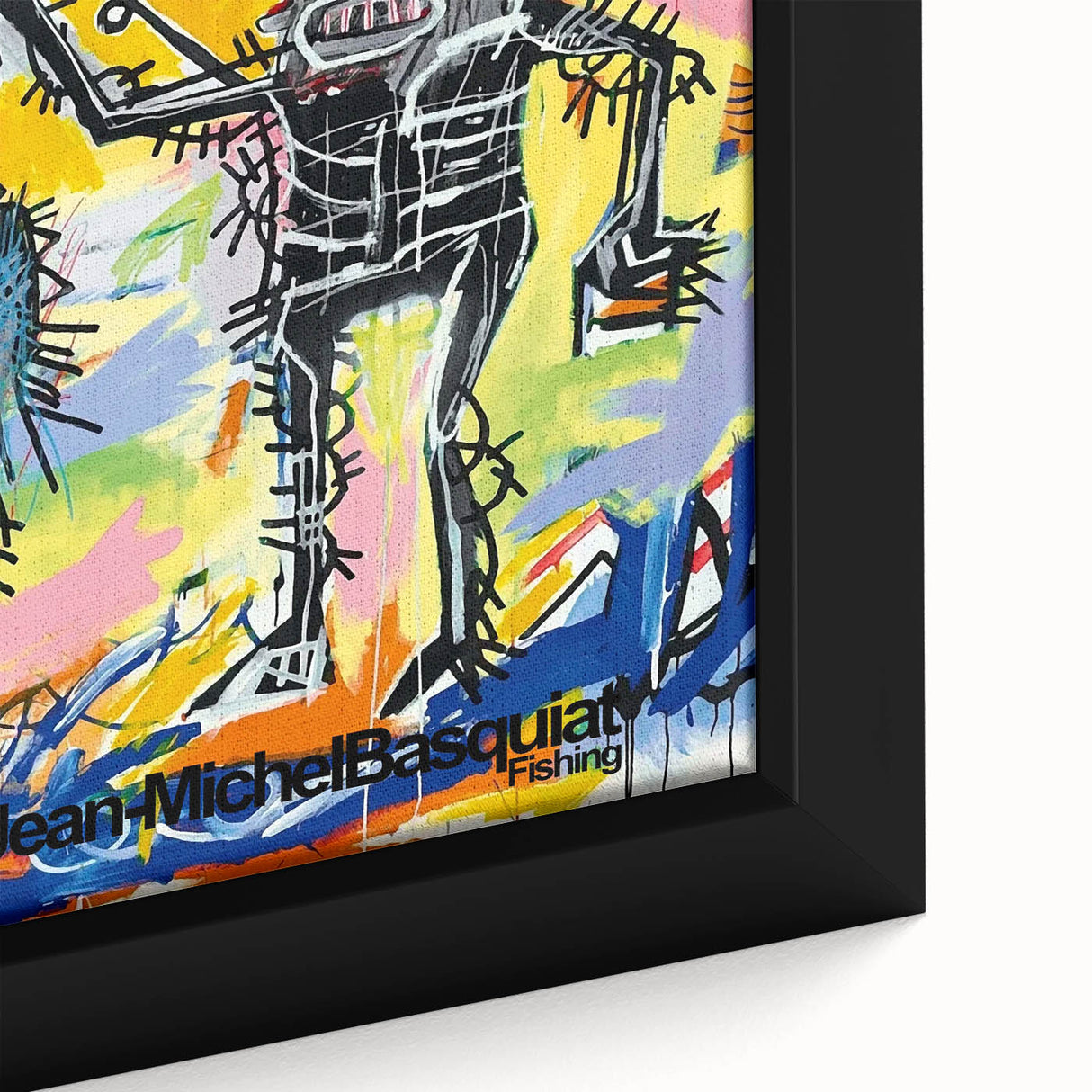 Extra large framed canvas featuring a textured, colorful abstract design with prominent black elements.