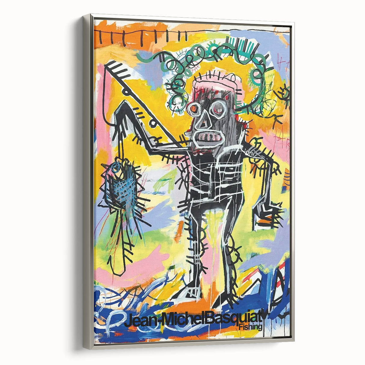 Framed canvas featuring a colorful, abstract landscape art painting with vintage poster influences.