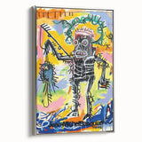 Framed canvas featuring a colorful, abstract landscape art painting with vintage poster influences.