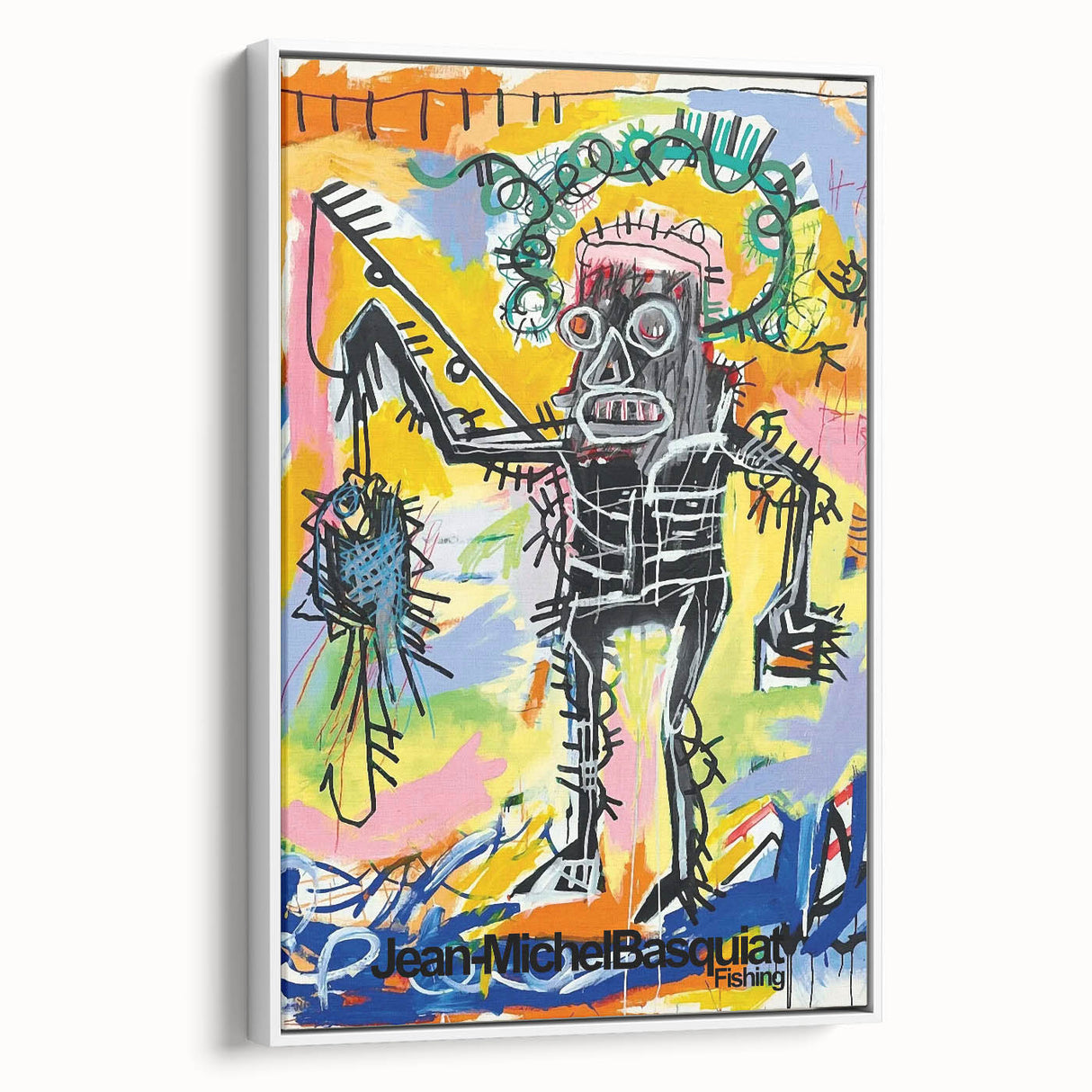 Vintage poster art featuring a colorful, avant-garde Basquiat design on a large framed canvas, ideal for living room decor.