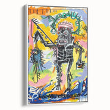 Vintage poster art featuring a colorful, avant-garde Basquiat design on a large framed canvas, ideal for living room decor.