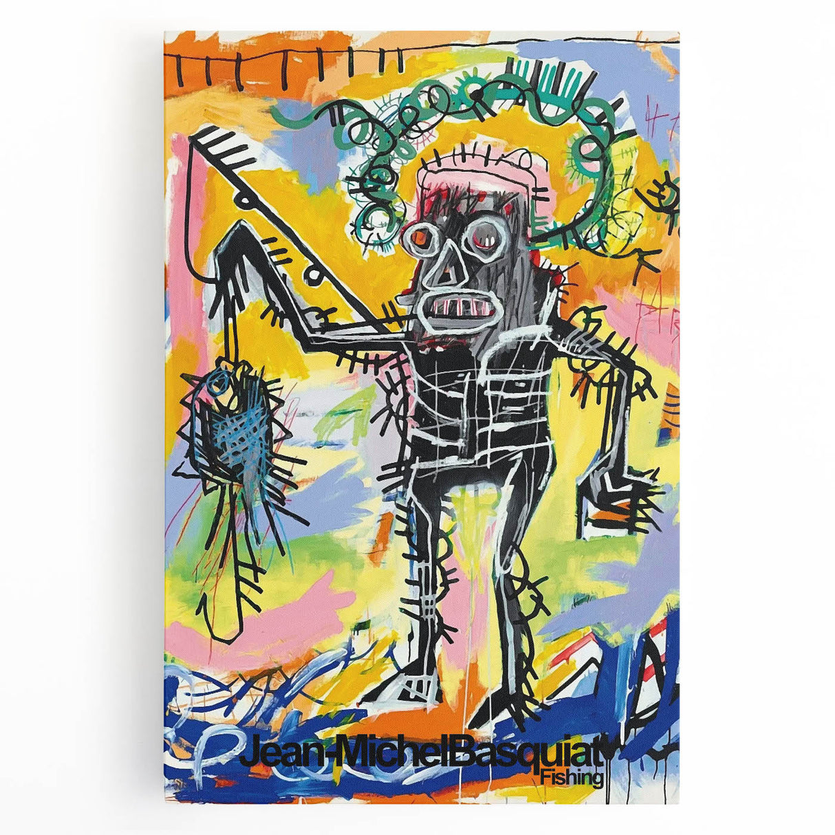 Black and white abstract Basquiat-style art on stretched canvas, ideal for kitchen wall art.