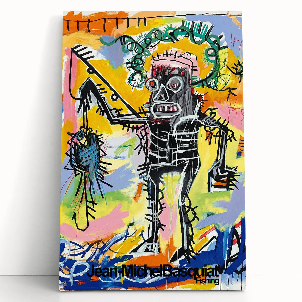 Large black and white Basquiat-inspired abstract art on stretched canvas, ideal for kitchen wall art or bedroom ambiance.