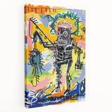 Abstract Basquiat-style artwork on stretched canvas featuring vibrant primary colors, ideal for kitchen wall art.