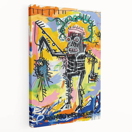 Abstract Basquiat-style artwork on stretched canvas featuring vibrant primary colors, ideal for kitchen wall art.