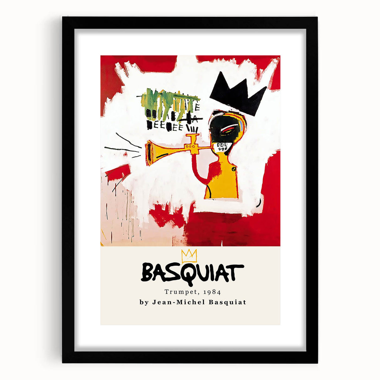 Extra large abstract art print featuring a colorful, textured Basquiat design on black framed canvas.