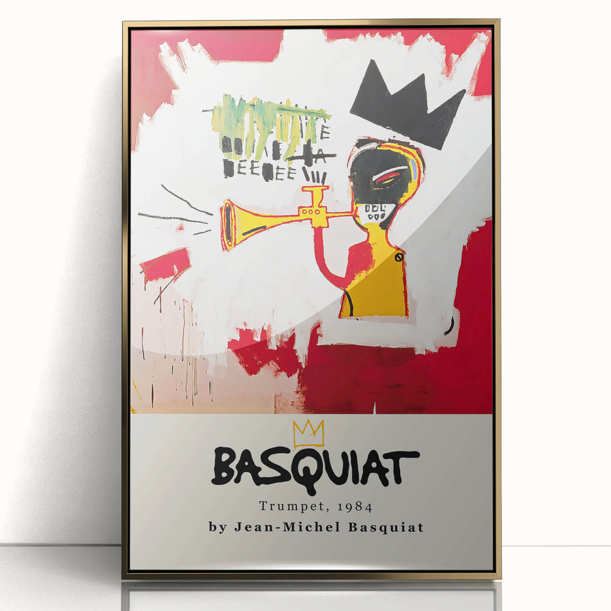 Framed acrylic print featuring a mid-century modernist Basquiat design in vibrant gold tones.