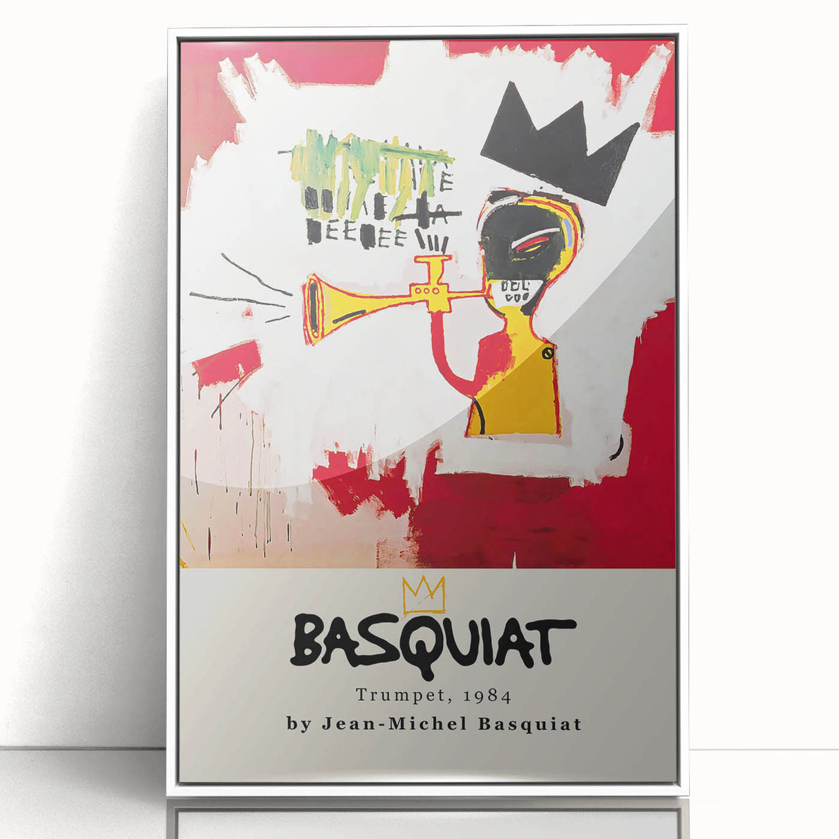 Modern art wall decor featuring a contemporary Basquiat design in a white acrylic frame, suitable for nursery wall art.