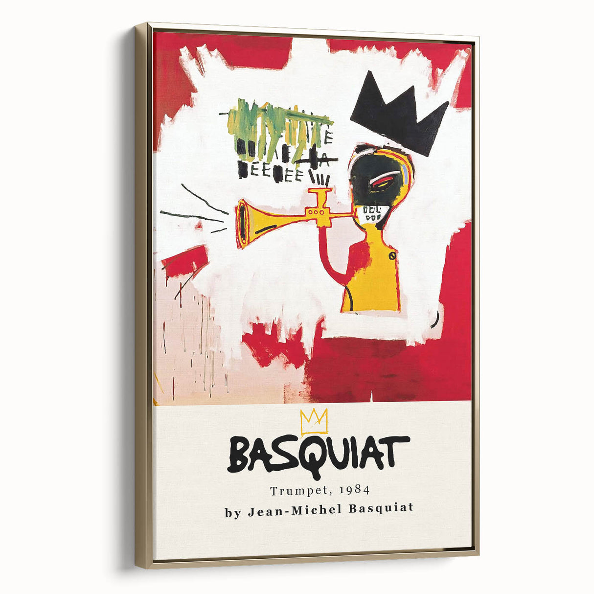 Framed canvas featuring a contemporary black and gold Basquiat design, ideal for bedroom wall art.