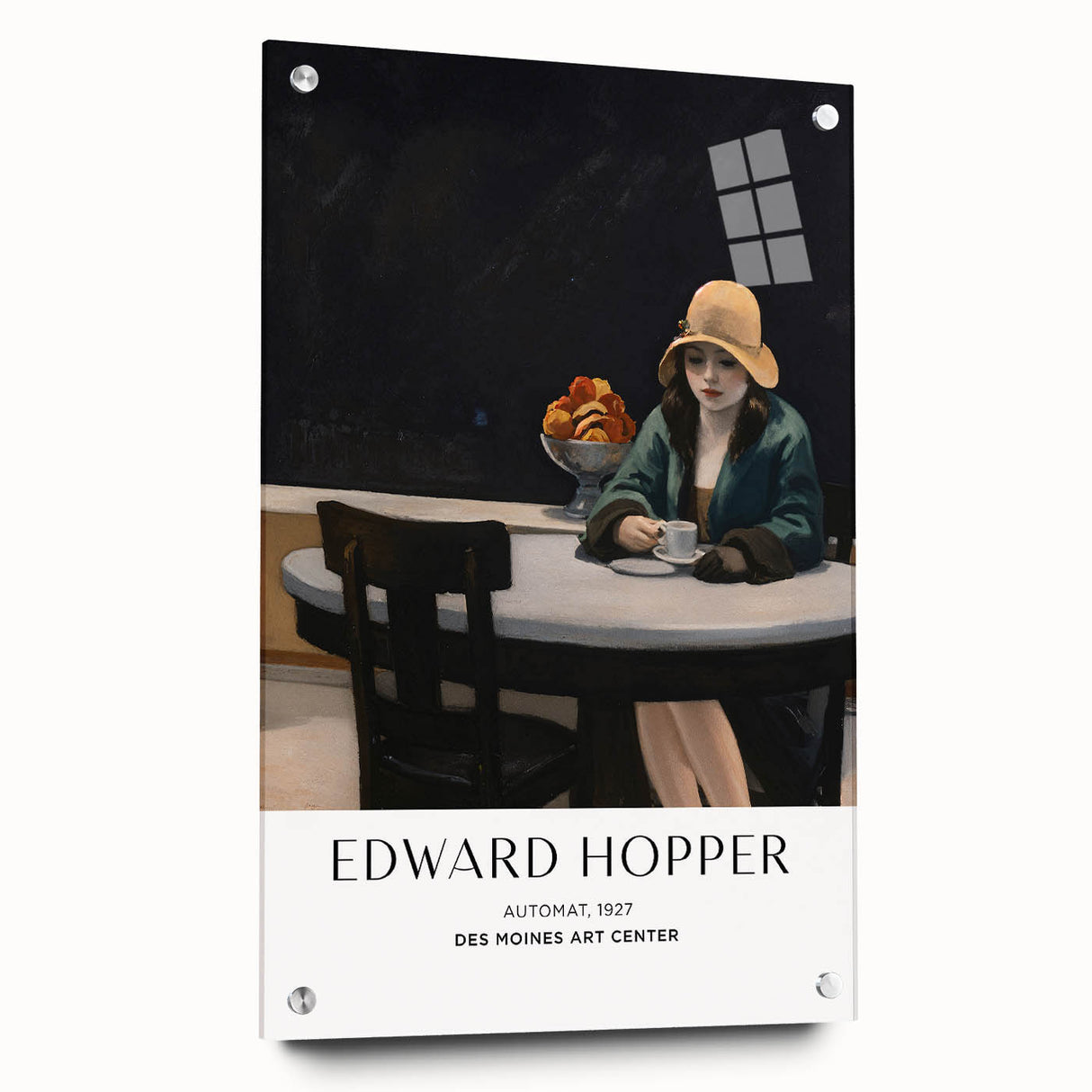 Acrylic print of an Edward Hopper-inspired contemporary scene in muted tones, ideal for dining room decor.