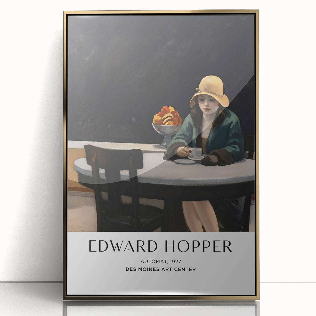 Large art print of an Edward Hopper-inspired scene in muted colors on acrylic, framed in gold.