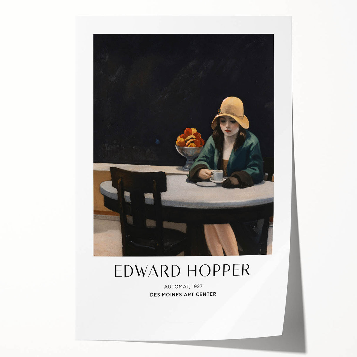 Edward Hopper-inspired floral art on a large rolled print, featuring muted earth tones.