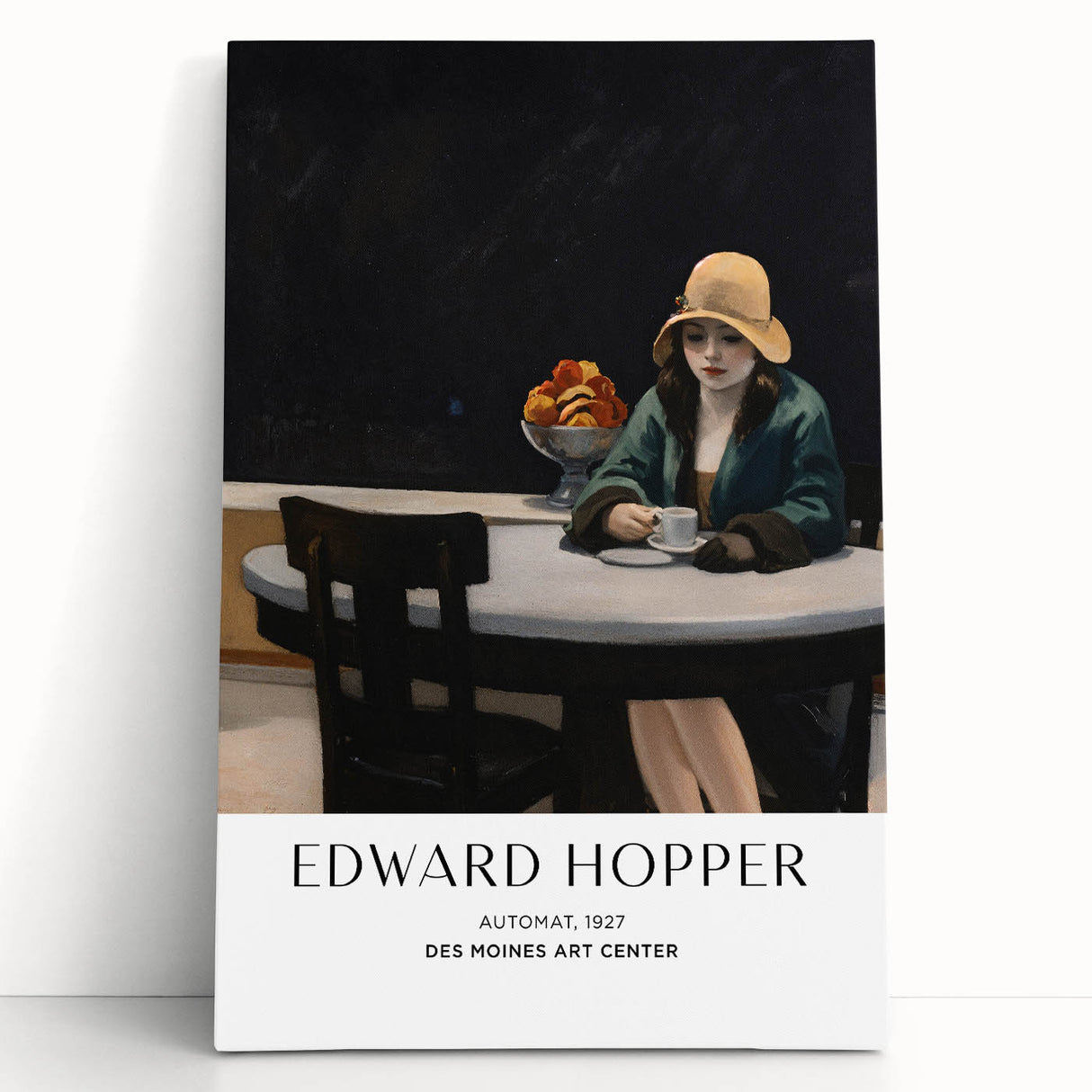 Black and white Edward Hopper design on stretched canvas, featuring an urban scene.