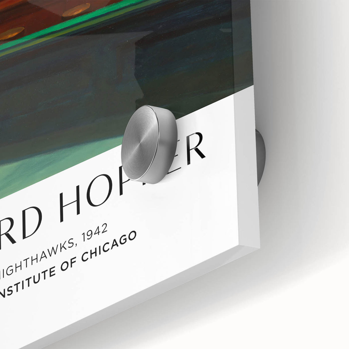 Mid-century modernist abstract design in muted browns and blues on acrylic glass, ideal for dining room art.