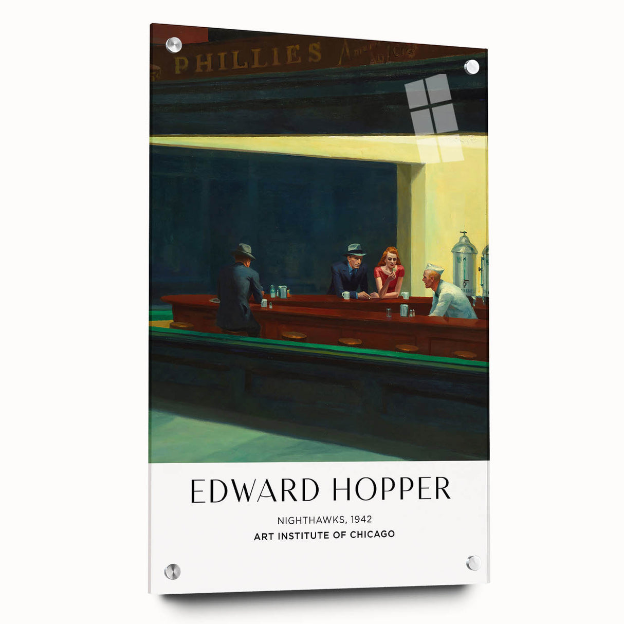 Large abstract wall art on acrylic glass depicting an Edward Hopper-inspired design in muted earth tones.