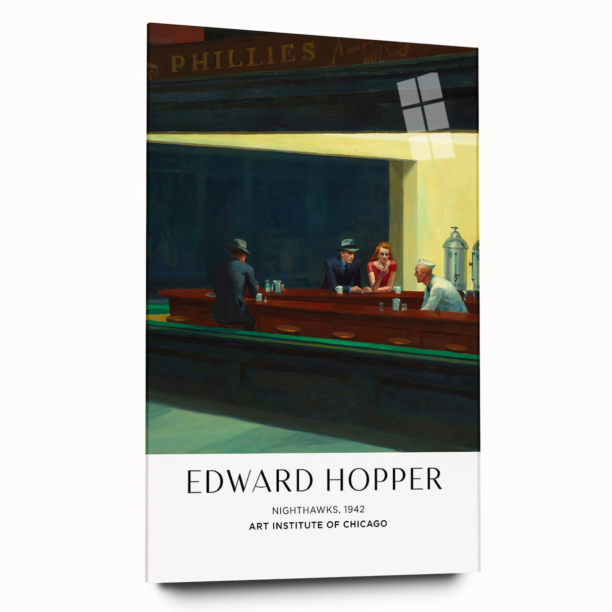 Large abstract wall art on acrylic glass depicting a modernist Edward Hopper design in muted colors.