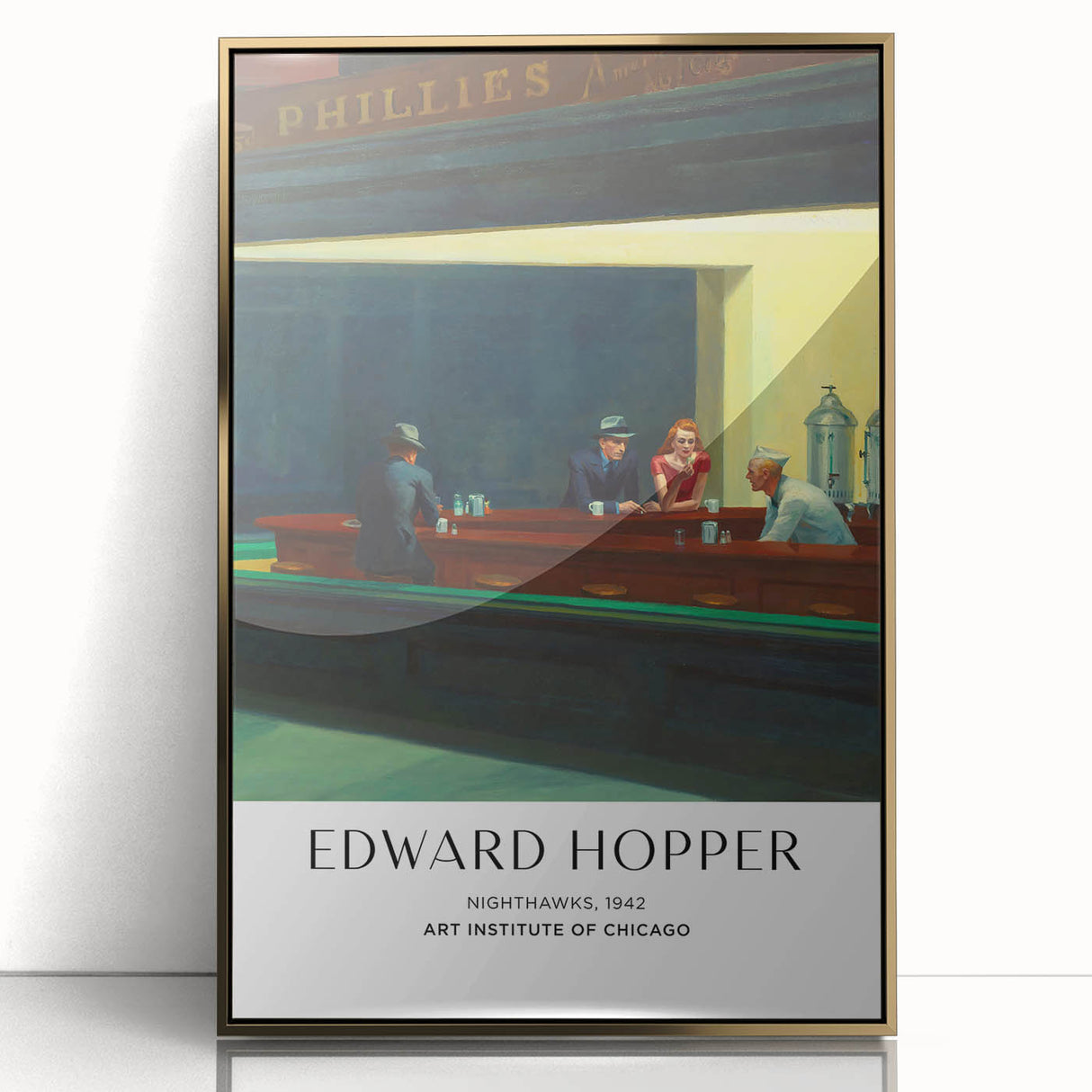 Large art print of an Edward Hopper-inspired scene in muted colors on framed acrylic, suitable for modern art wall decor.