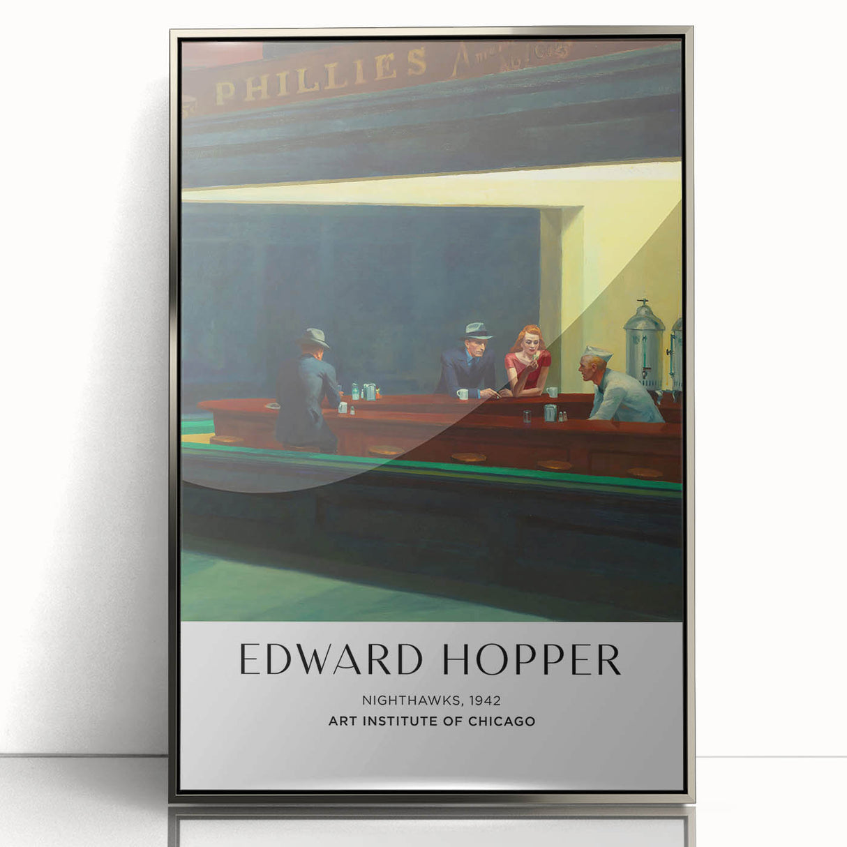 Mid-century modernist art deco poster depicting an abstract cityscape in muted blue and grey tones, framed in silver acrylic.